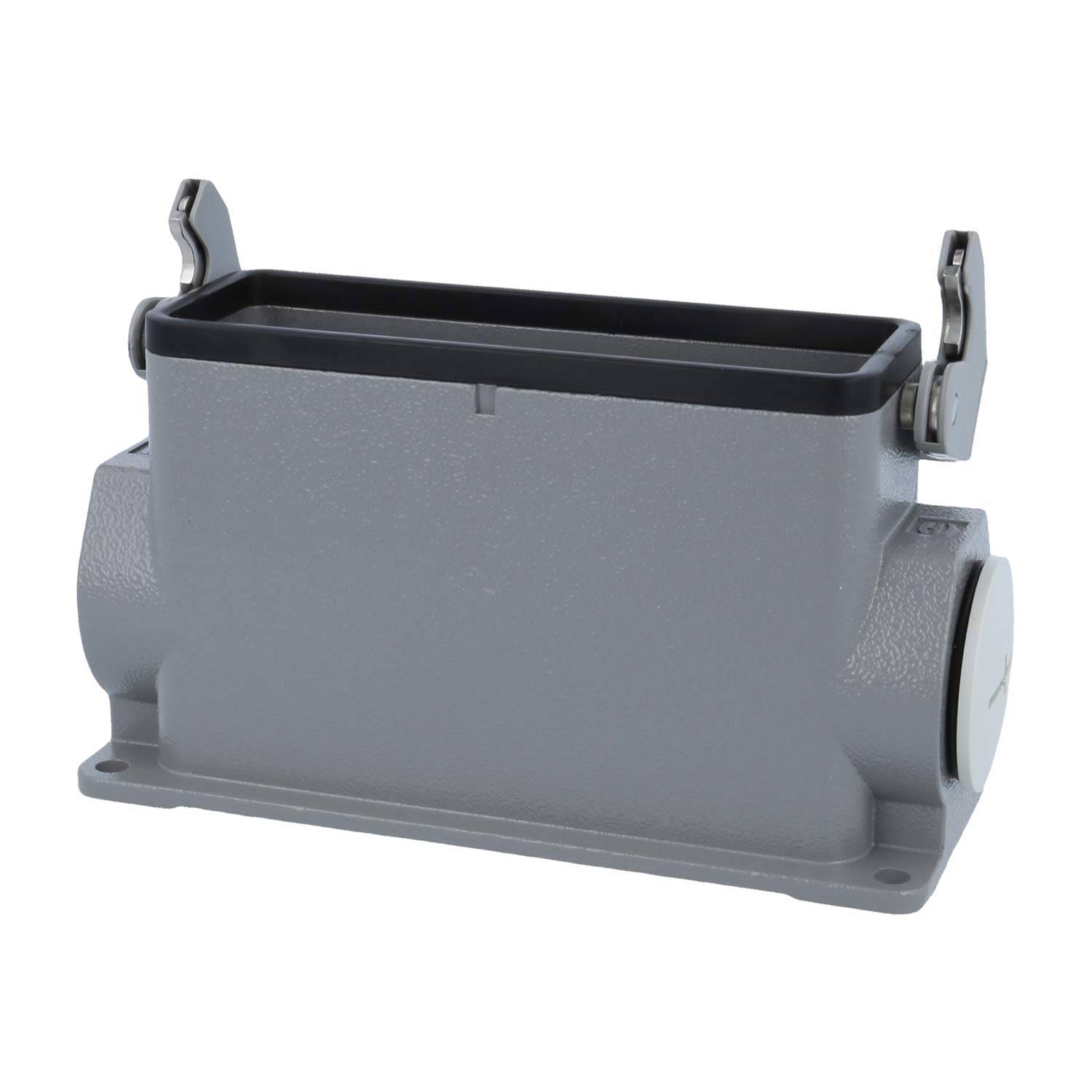 Ein rechteckiges graues Metallverbindungsgehäuse mit seitlichen Scharnieren, für industrielle Anwendungen konzipiert, dargestellt vor einem weißen Hintergrund.