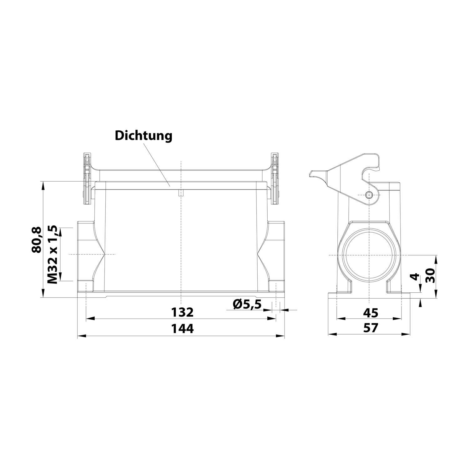 Technische Zeichnung einer zylindrischen Komponente mit beschrifteten Abmessungen: Länge 144 mm, Breite 57 mm, Durchmesser 55,5 mm und Dicke 30 mm.