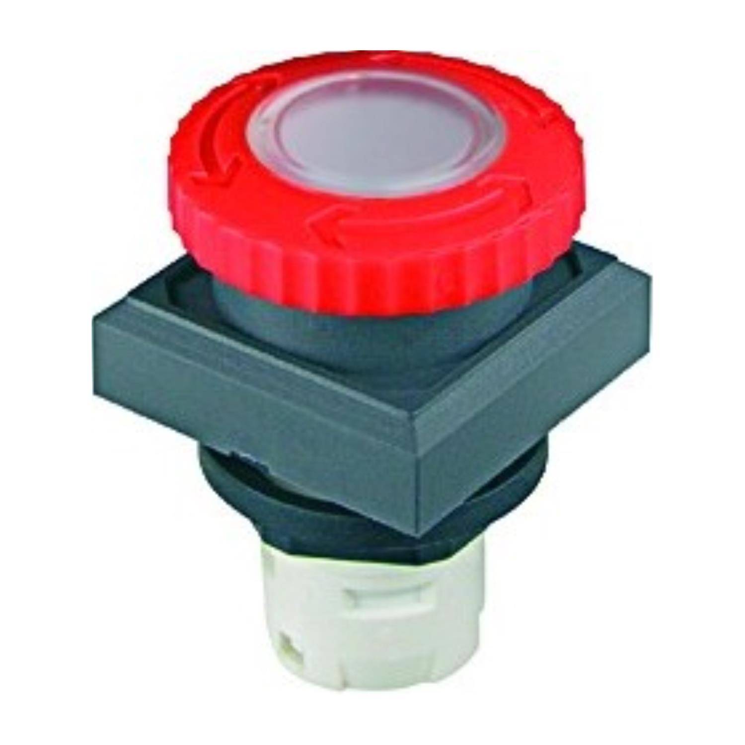 Eine rote Notaus-Taste auf einem schwarz-weißen Sockel, die üblicherweise in Maschinen zu Sicherheitszwecken verwendet wird, um Betriebsabläufe sofort anzuhalten.