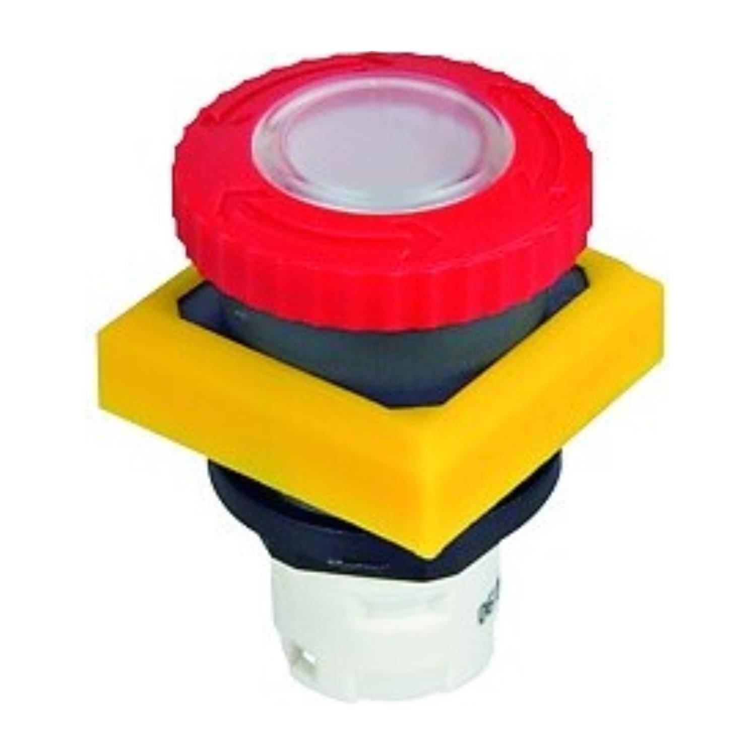 Ein roter Notaus-Knopf, der in einem gelben quadratischen Rahmen eingebettet ist und in industriellen Umgebungen zur Sicherheit und zum schnellen Anhalten von Betriebsabläufen verwendet wird.