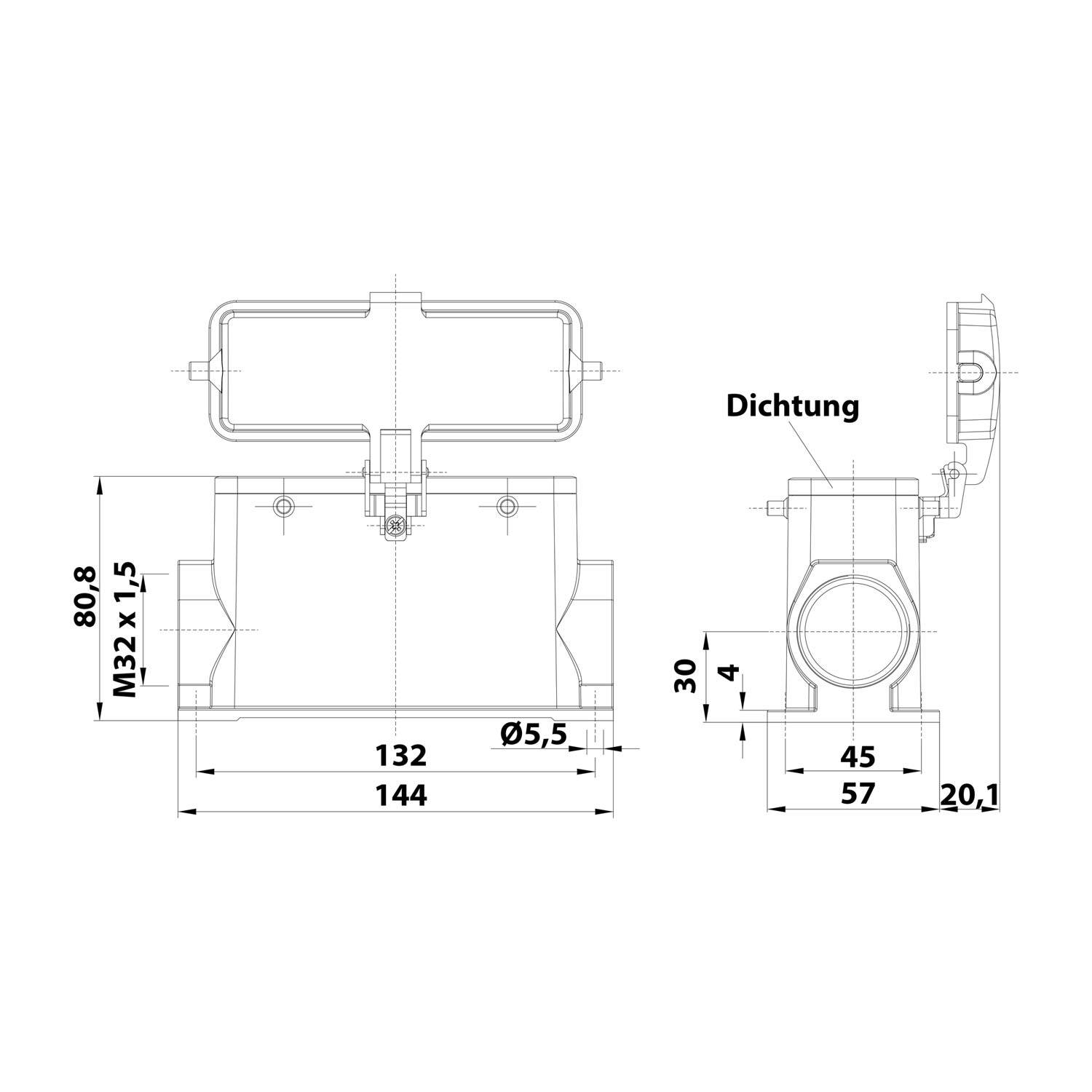 Technische Zeichnung eines Ventils mit beschrifteten Abmessungen: Breite '132', Höhe '80,8', Tiefe '45' und 'Ø5,5'. Markiert mit 'Dichtung'.