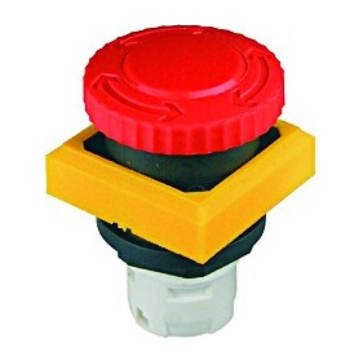 Ein roter Notaus-Schalter mit gelber Grundfläche, der zum schnellen Anhalten von Maschinen oder Ausrüstung in Gefahrensituationen verwendet wird.