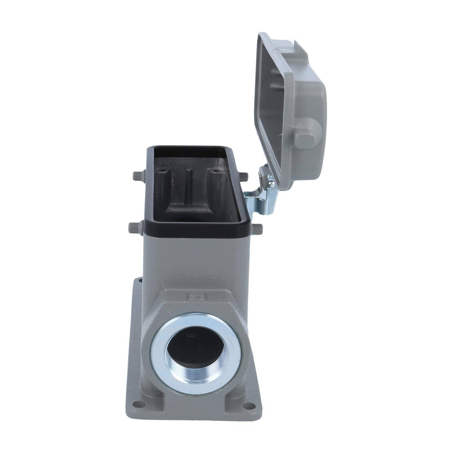 Rechteckiges Industriegehäuse mit klappbarem Deckel und seitlicher Rundöffnung für Kabeleinführung.