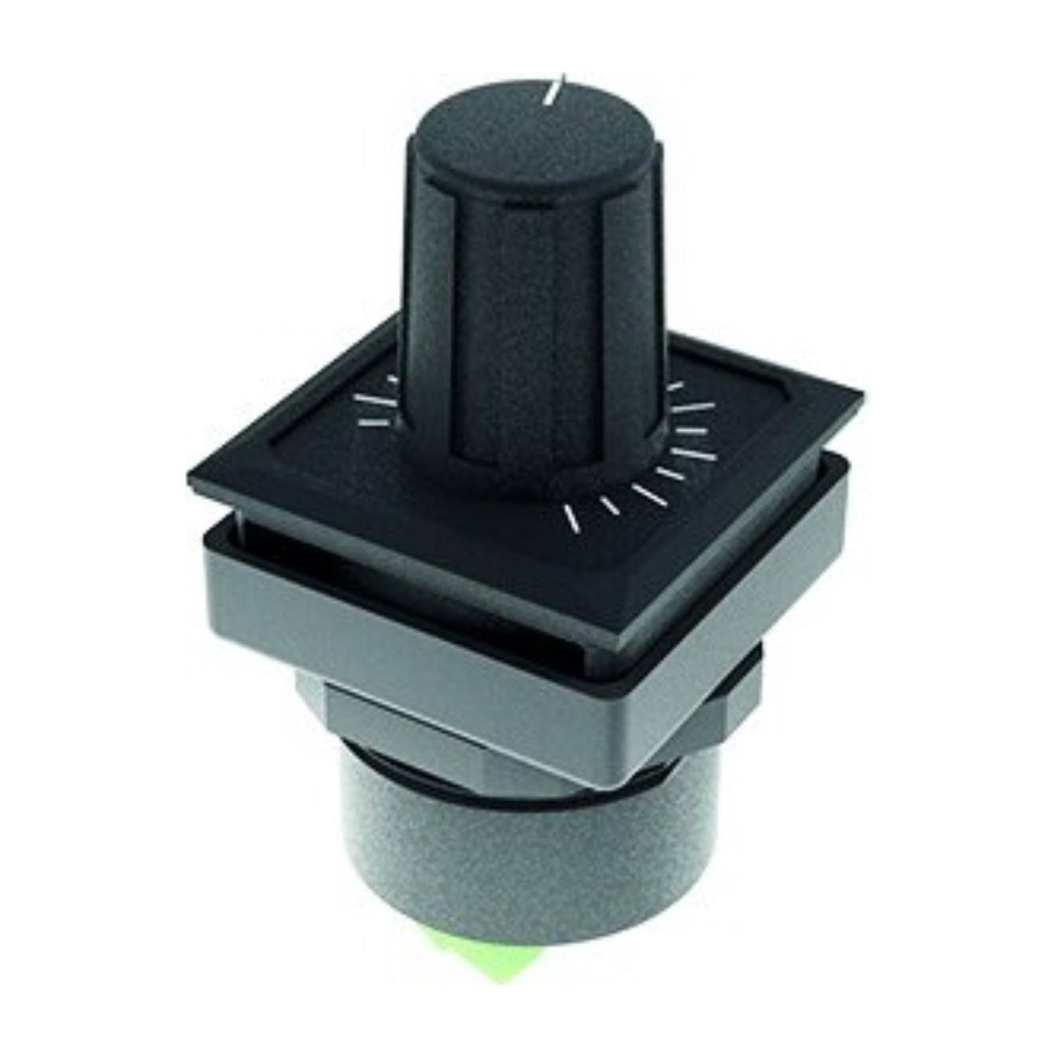 Ein schwarzer und grauer Drehschalter mit Rastmarkierungen, der auf einer Basis montiert ist und zum Einstellen von Einstellungen oder Steuern von Geräten verwendet wird.