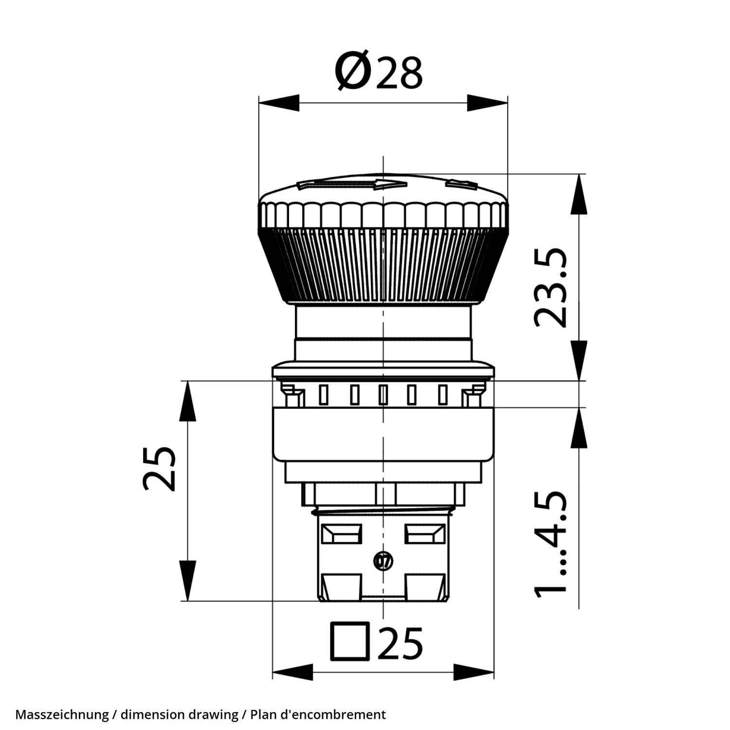 Drucktastenschalter Maßzeichnung; Durchmesser oben Ø28, Höhe 23,5 mm, Basisbreite 25 mm, Kontaktpunkte 1 bis 4,5 mm auseinander.