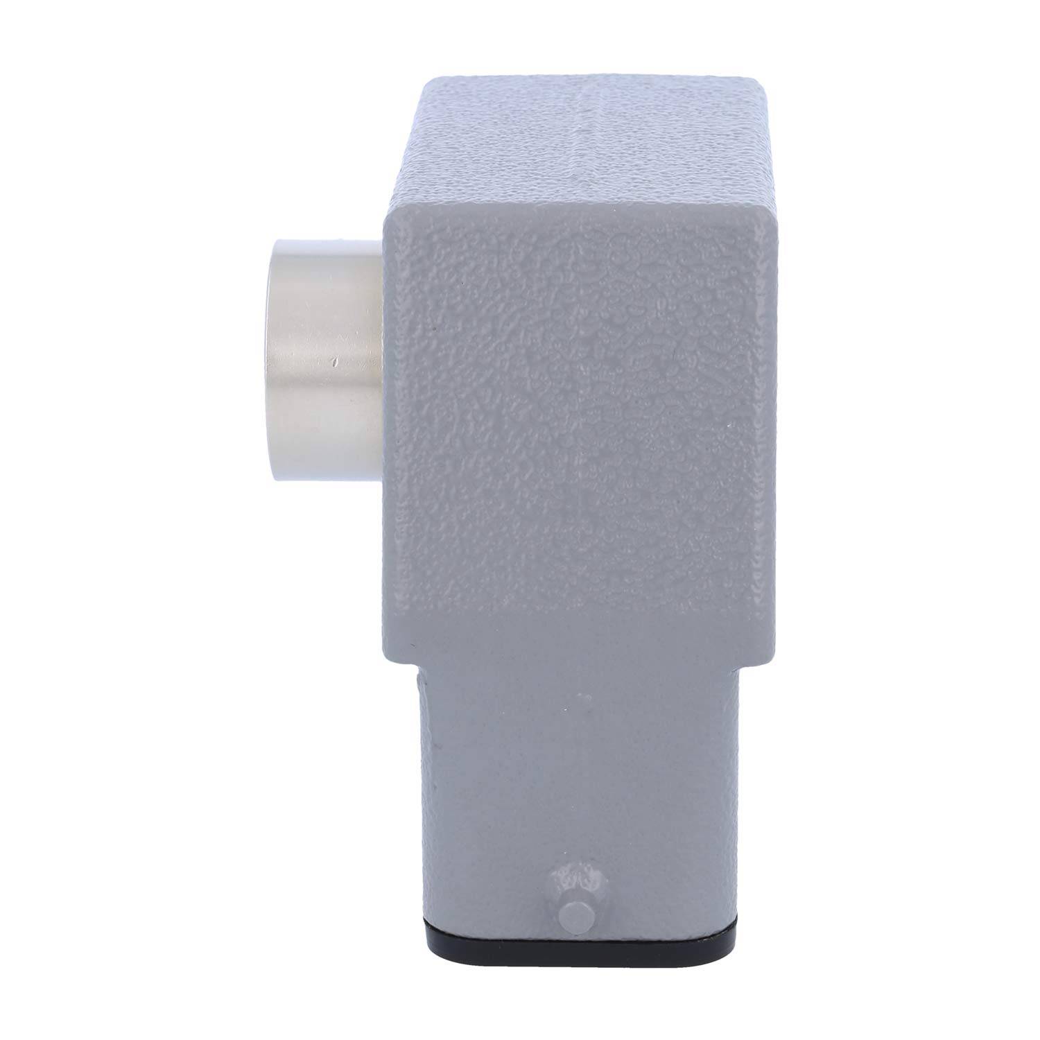 Ein grauer rechteckiger Metallgegenstand mit einer hervorstehenden kreisförmigen Befestigung an einer Seite, der einer Kamera- oder Sensorkomponente ähnelt.