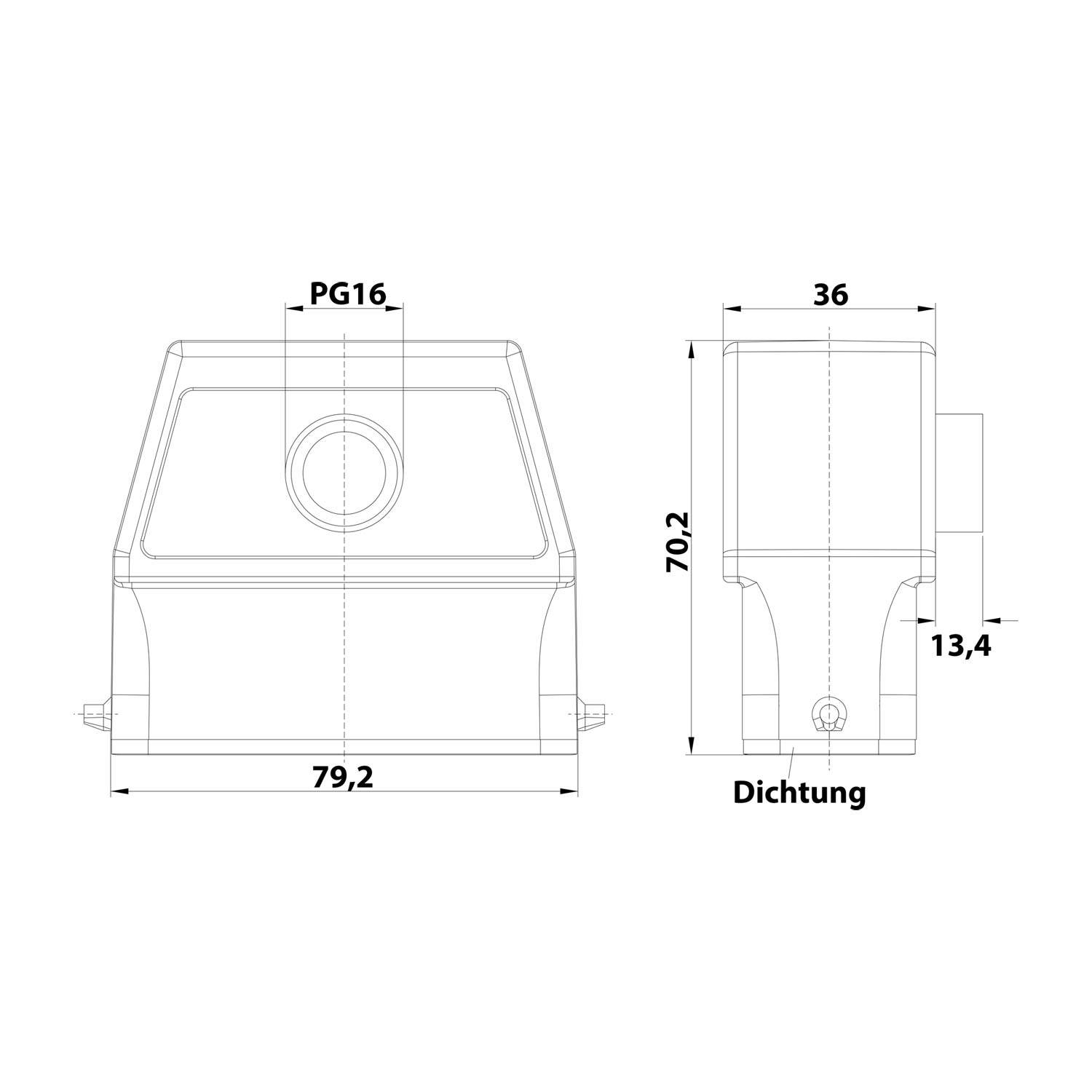 Technische Zeichnung eines elektrischen Gehäusekomponenten. Abmessungen umfassen Höhe 70,2 mm, Breite 79,2 mm und Tiefe 36 mm. Bezeichnung: Dichtung.
