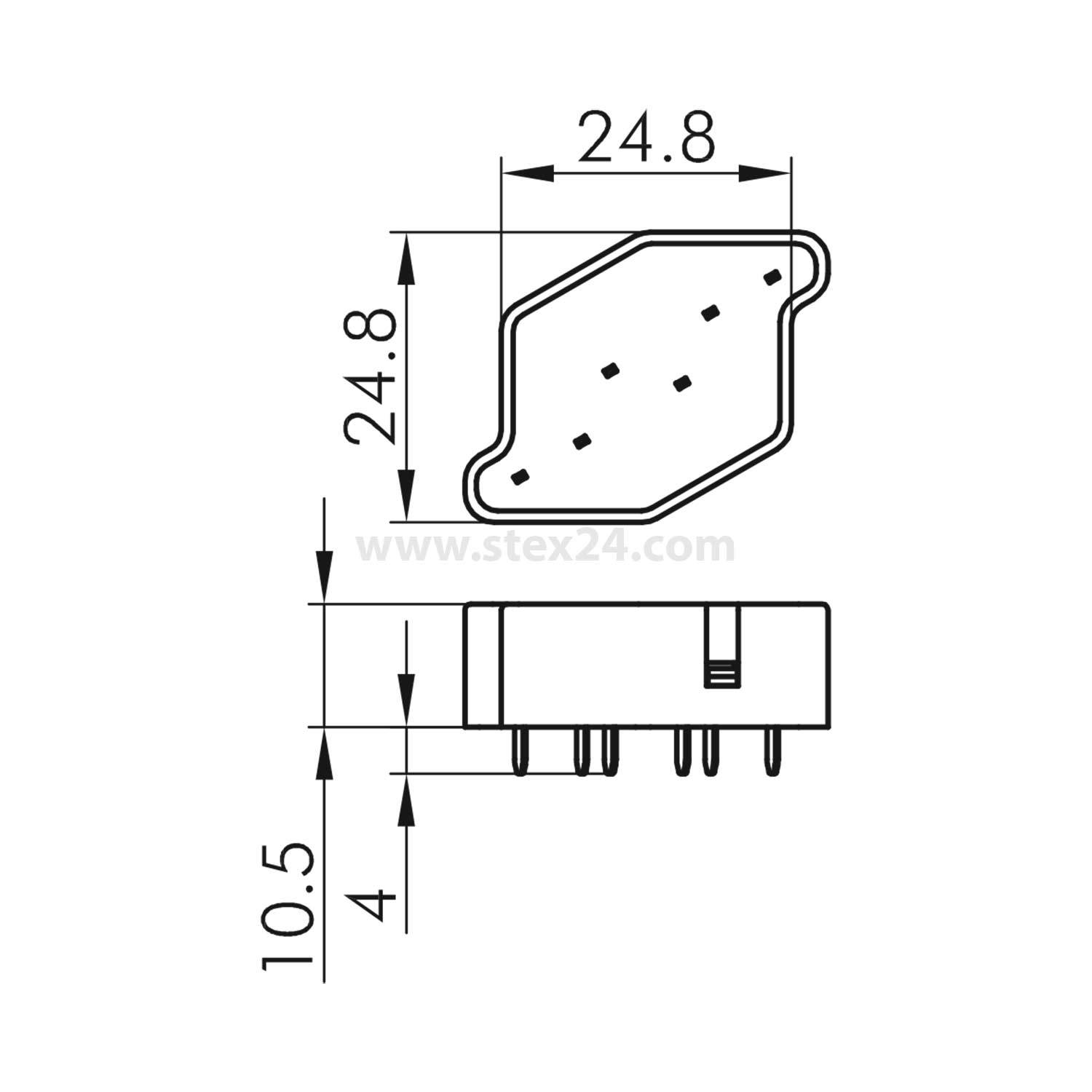 Diagramm eines pentagonalen Steckverbinders mit Abmessungen: 24,8 mm Breite und Höhe, und 10,5 mm Höhe inklusive Stifte.
