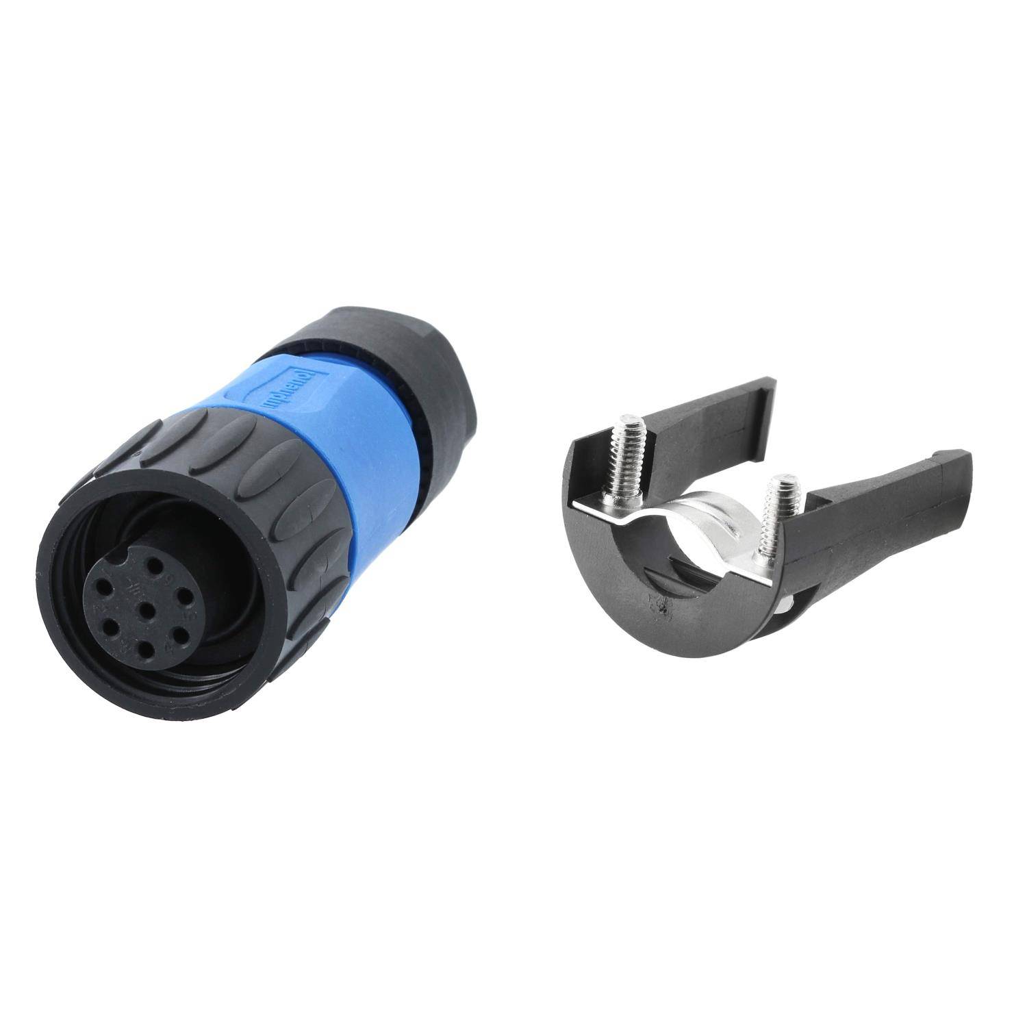 Ein blauer und schwarzer kreisförmiger Verbinder mit Gewindeschrauben, zusammen mit einer Metallklemme, der wahrscheinlich für sichere elektrische Verbindungen verwendet wird.