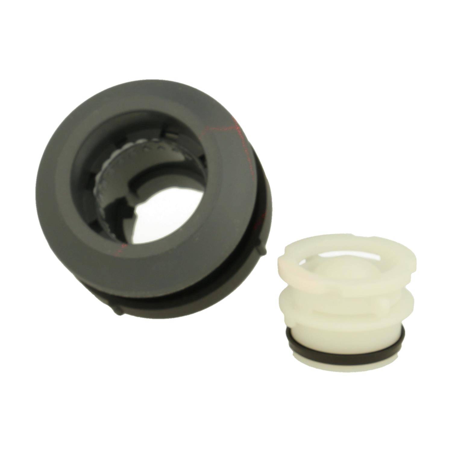 Zwei zylindrische Komponenten, eine schwarz und eine weiß, höchstwahrscheinlich Teile einer mechanischen Vorrichtung oder Ausrüstung, auf einem schlichten Hintergrund angeordnet.