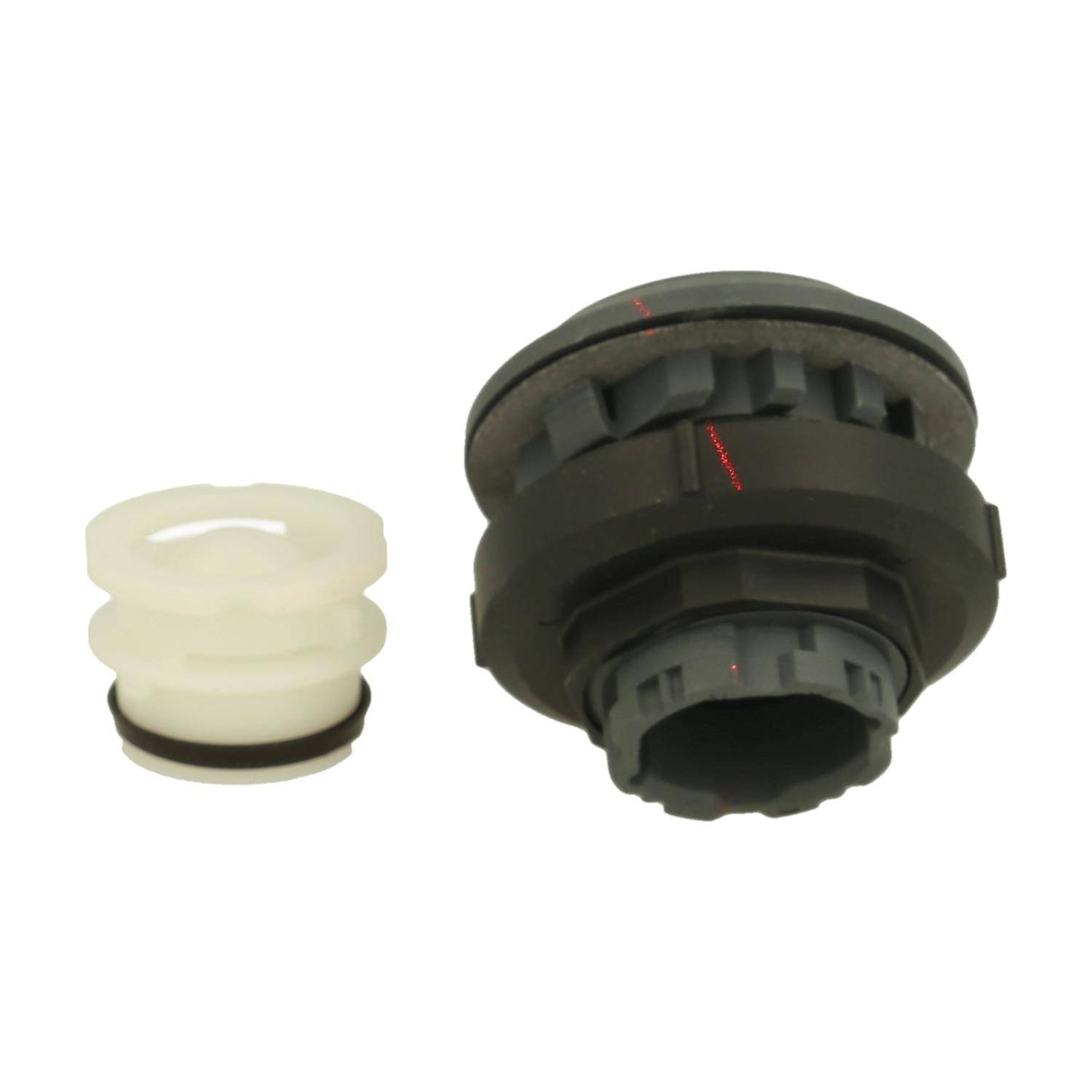 Ein schwarzer und weißer Automotive-Ventilschaftdichtungsring mit Dichtmanschette. Der Dichtungsring hat einen Gummiaußenmantel mit gerilltem Design, und die Dichtmanschette ist weiß.