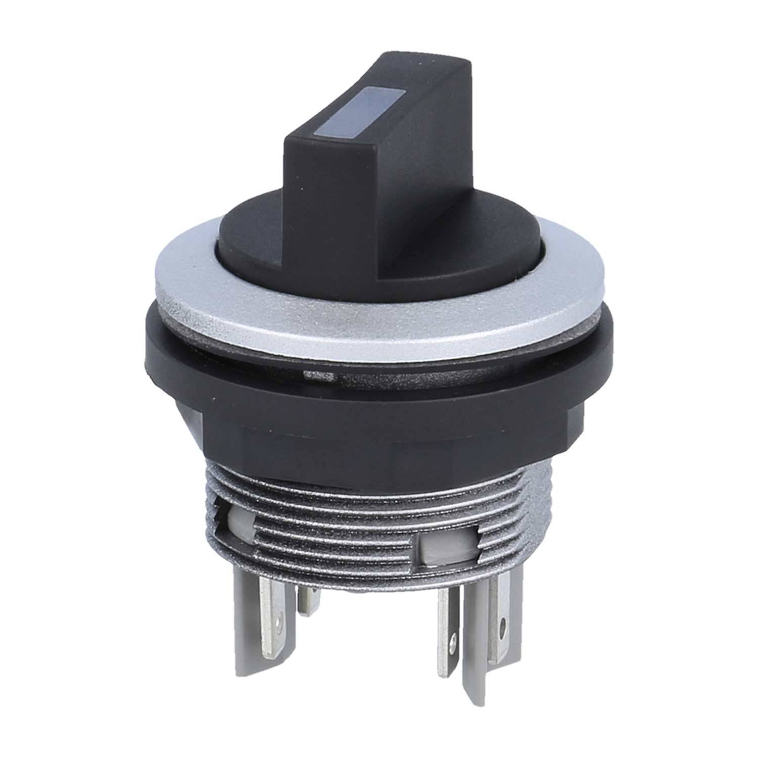 Ein Drehschalter mit einem schwarzen Knopf auf einer zylindrischen Basis, die mehrere Metallklemmen für elektrische Anschlüsse aufweist.