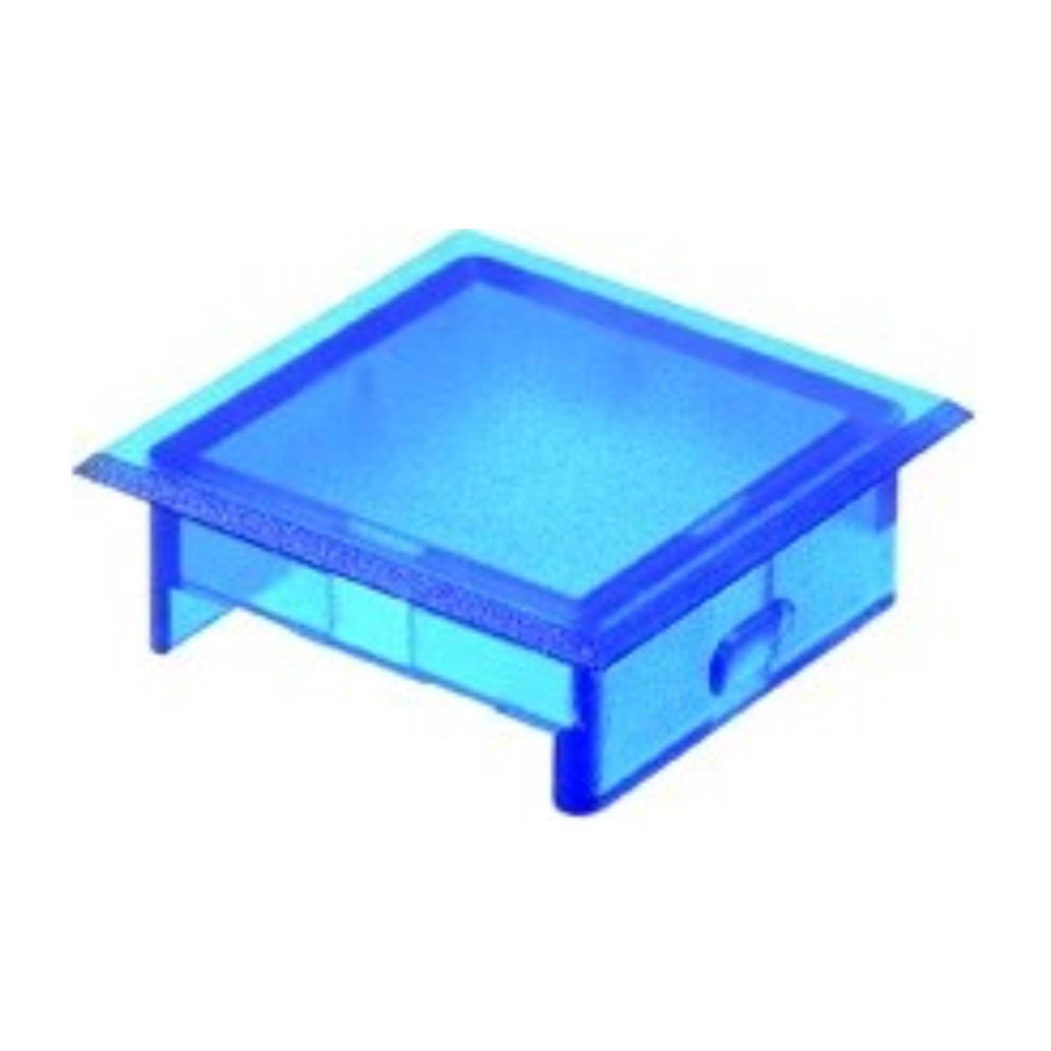 Eine kleine, quadratische, transparente blaue Plastikabdeckung mit seitlichen Öffnungen, wahrscheinlich zum Schutz oder zur Unterbringung von elektronischen Bauteilen.