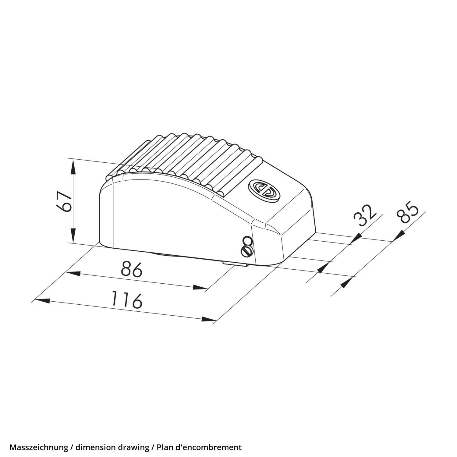 Die 'Masszeichnung' zeigt ein mechanisches Teil mit folgenden Abmessungen: Höhe 67, Breite 32, Länge 85 und Grundfläche 116 mm. Die Oberseite weist ein geripptes Muster auf.