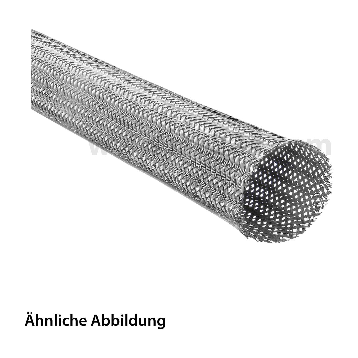 Eine zylindrische metallische Netzstruktur, wahrscheinlich ein Schlauch oder Kabelüberzug, mit gewebtem Muster.