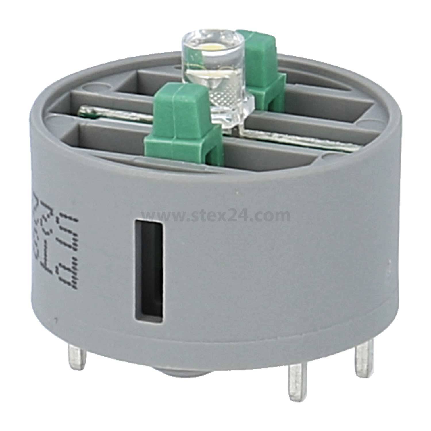 Eine runde elektronische Komponente mit Pins am Boden, versehen mit einer kleinen LED-Lampe oben.