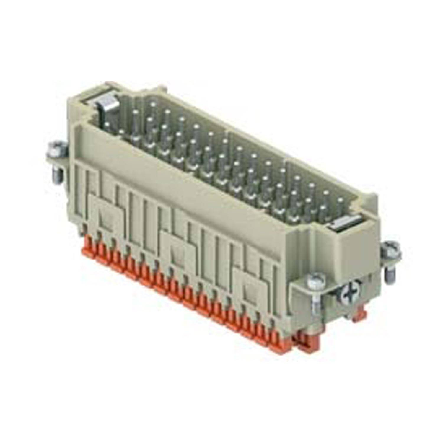 Grauer elektrischer Verbinder mit mehreren Pins, der eine rechteckige Form und einen orangefarbenen Boden aufweist und für industrielle Anwendungen geeignet ist.