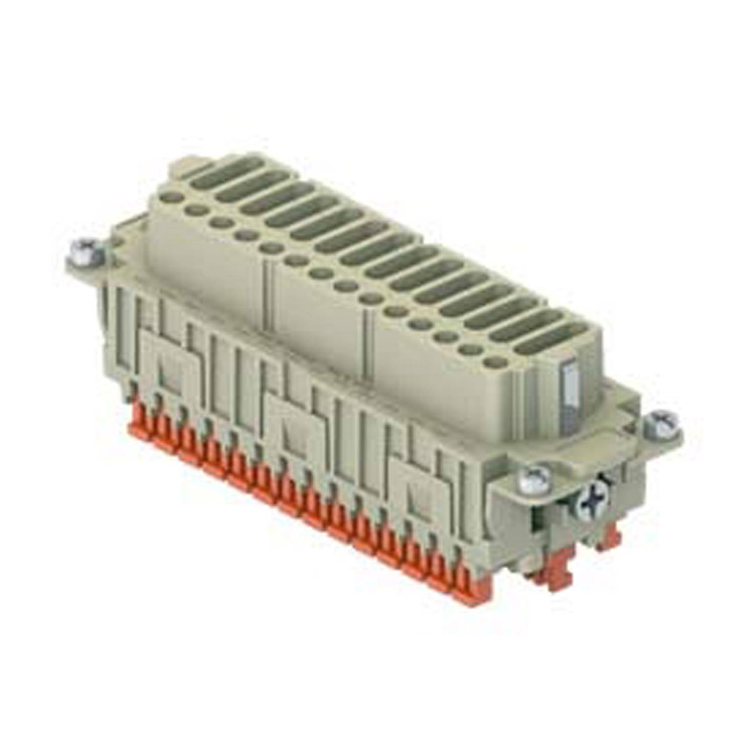 Ein grau-orangefarbener elektrischer Anschluss mit mehreren Anschlüssen für Kabelverbindungen, der in elektronischen und elektrischen Systemen verwendet wird.