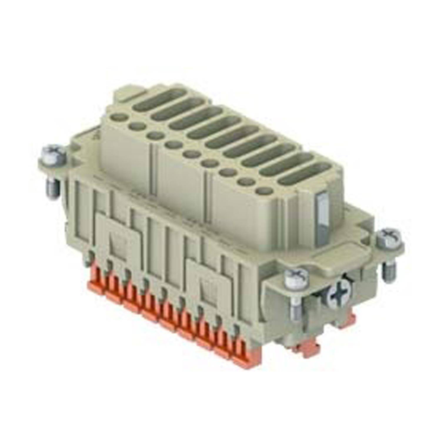 Ein industrieller Steckverbinder mit mehreren Steckplätzen für Stifte, ausgestattet mit einem beigen Gehäuse und orangefarbenem Bodenteil, der für elektrische Verbindungen verwendet wird.