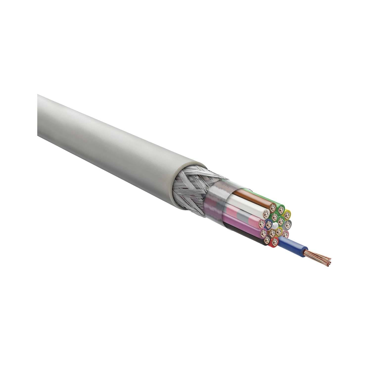 Ein Querschnitt eines Koaxialkabels mit inneren Kupferdrähten, farbiger Isolation und äußerer Schutzummantelung vollständig dargestellt.