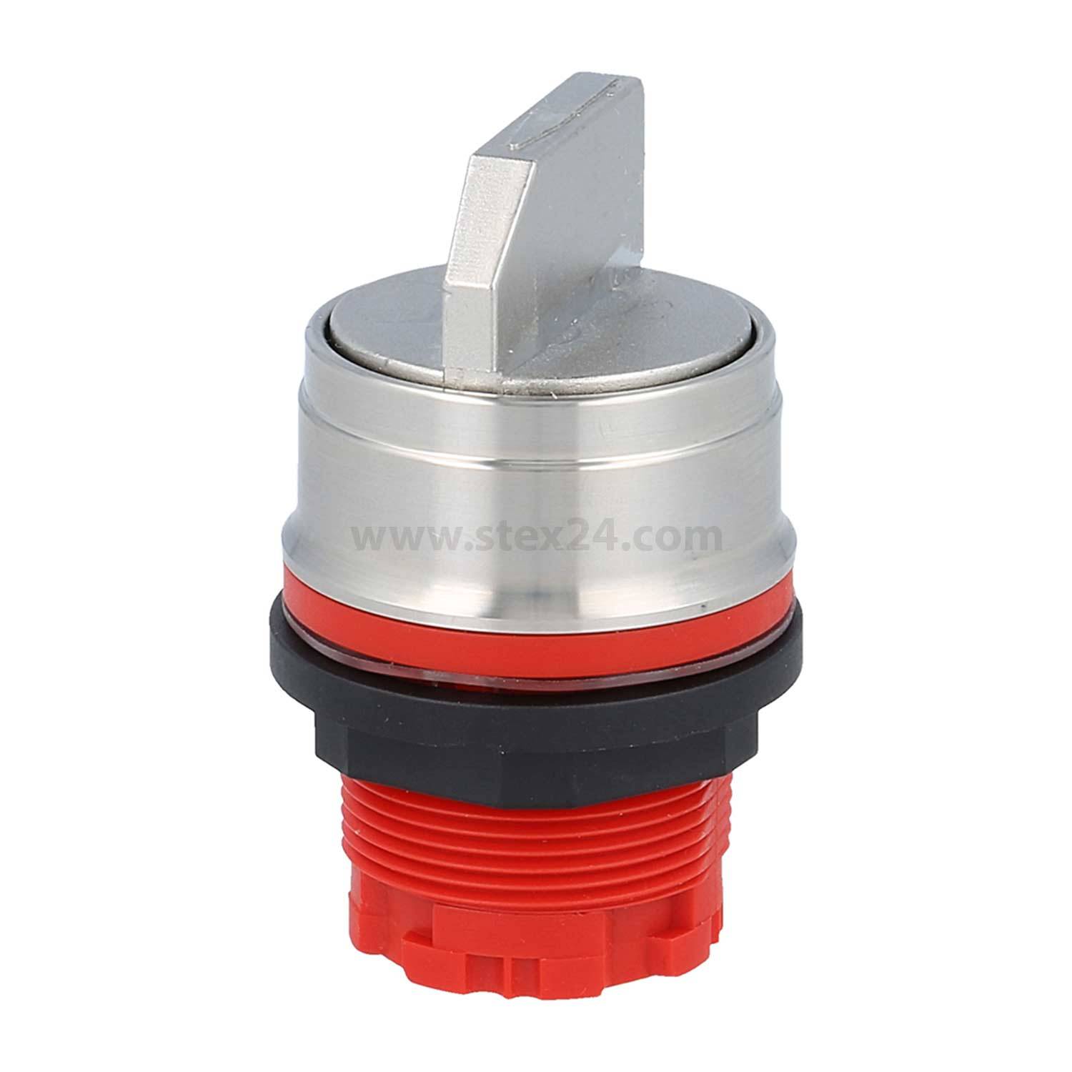 Ein Metall- und roter Industrieschalter mit vorstehender Hebel und kreisförmiger Gestaltung, der für Steuerungsmechanismen in Maschinen verwendet wird.