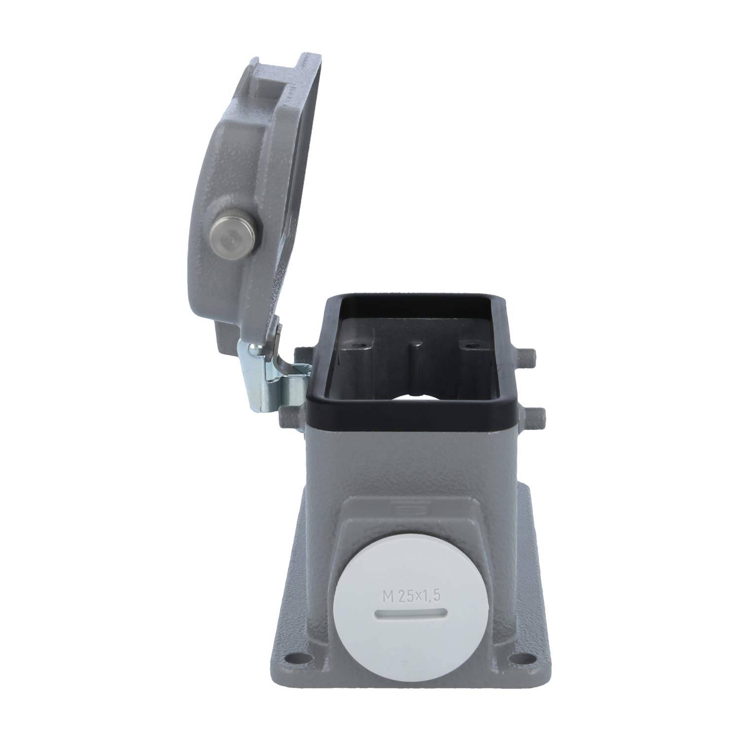 Industrielle graue Abzweigdose mit offener Deckel, konzipiert für elektrische Anschlüsse, zeigt Innenraum und Kabeleinlass mit Markierung 