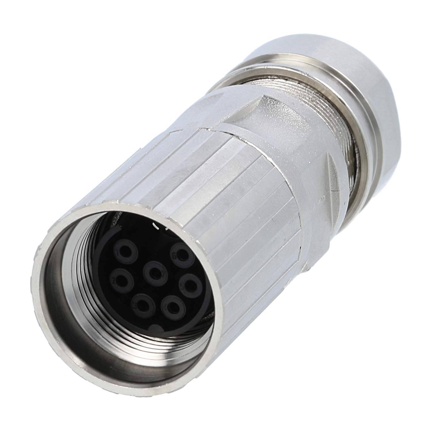 Ein metallischer kreisförmiger elektrischer Verbinder mit mehreren Pinholes für Anschlüsse.