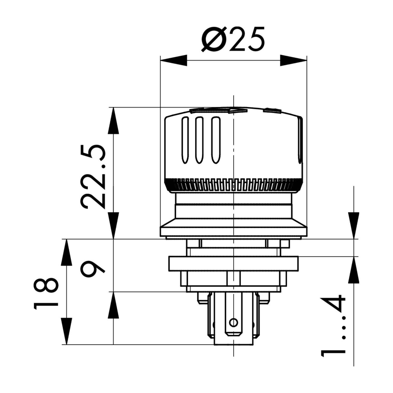 Technische Zeichnung einer zylindrischen Komponente mit einem Knopf, mit Angabe der Abmessungen: Durchmesser 25 mm, Höhe 22,5 mm und Tiefe 9 mm.
