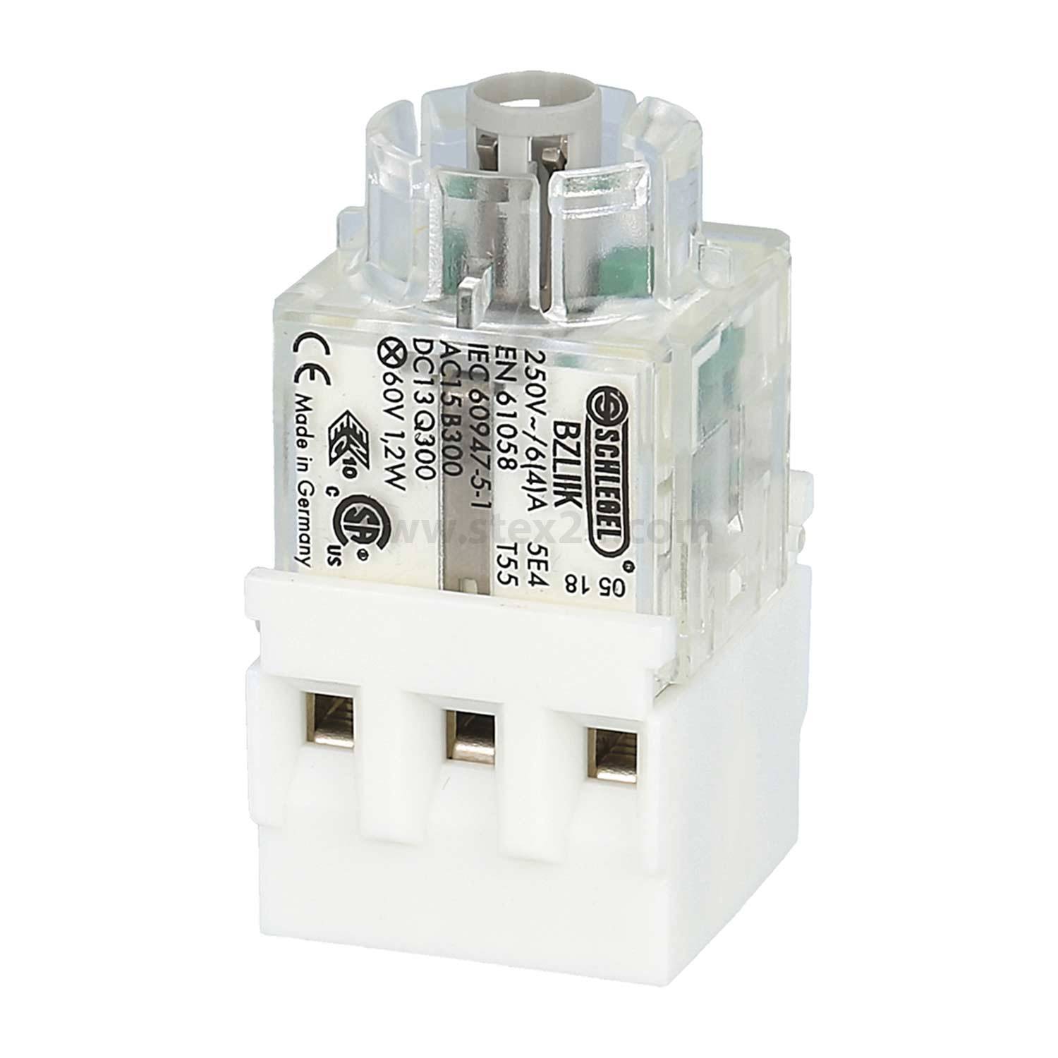 Ein weißes Schneider Electric Relais mit transparentem Gehäuse und sichtbaren Innenkomponenten, versehen mit technischen Spezifikationen und Zertifizierungsmarkierungen.