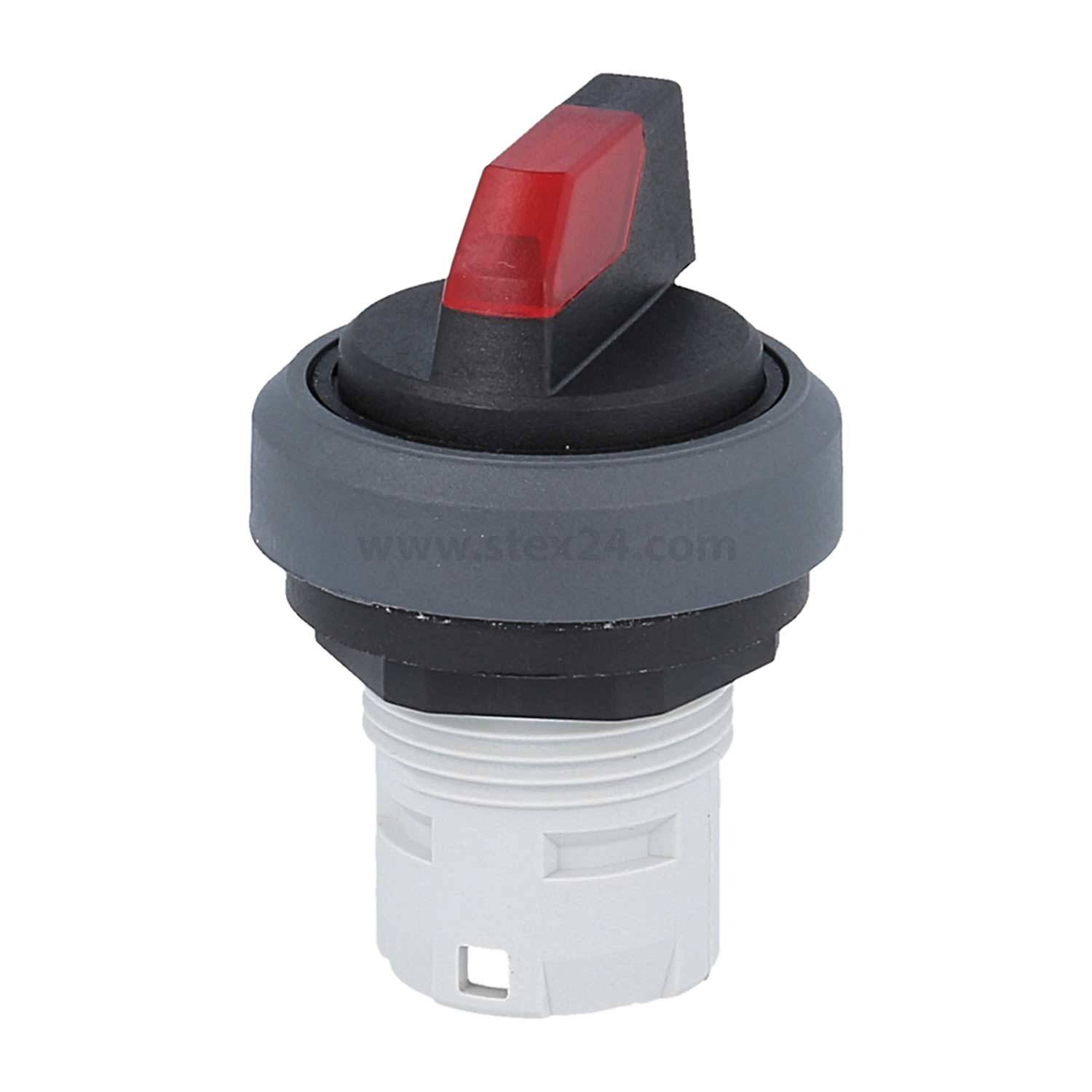 Ein rot-schwarzer Kippschalter mit einer kreisförmigen grauen Basis und weißem gewindeten Unterteil, der für elektrische Betriebshandlungen verwendet wird.