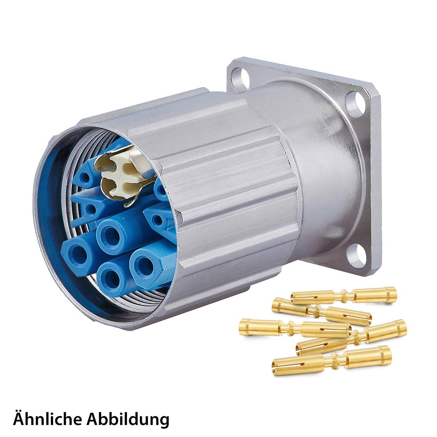 Ein zylindrischer Metallsteckverbinder mit mehreren blauen Buchsen im Inneren, zusammen mit separaten vergoldeten Stiften.