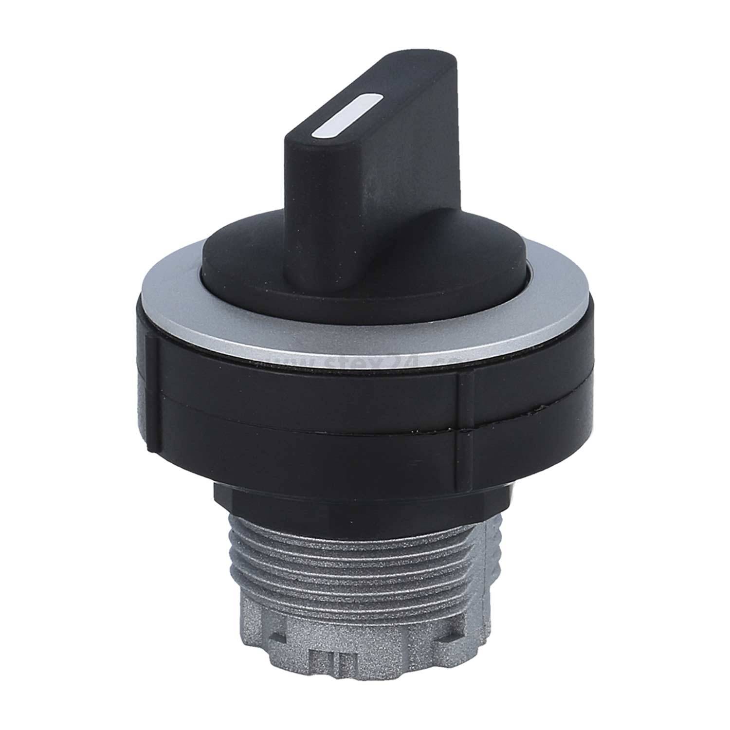 Schwarzer Rotary-Schalter-Griff mit silberfarbenem Ringfuß und gewindeter Metallstecker.