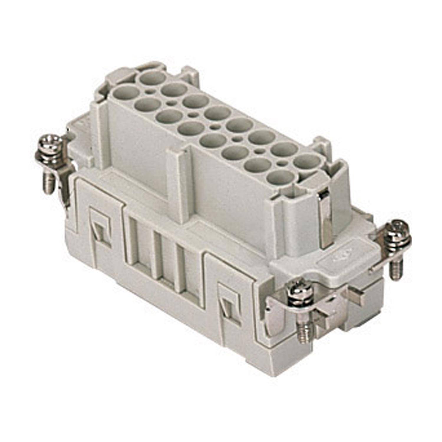 Ein rechteckiger elektrischer Steckverbinder mit mehreren kreisförmigen Pins, der für sichere Leitungsverbindungen konzipiert ist und zwei seitliche Schraubverriegelungen aufweist.