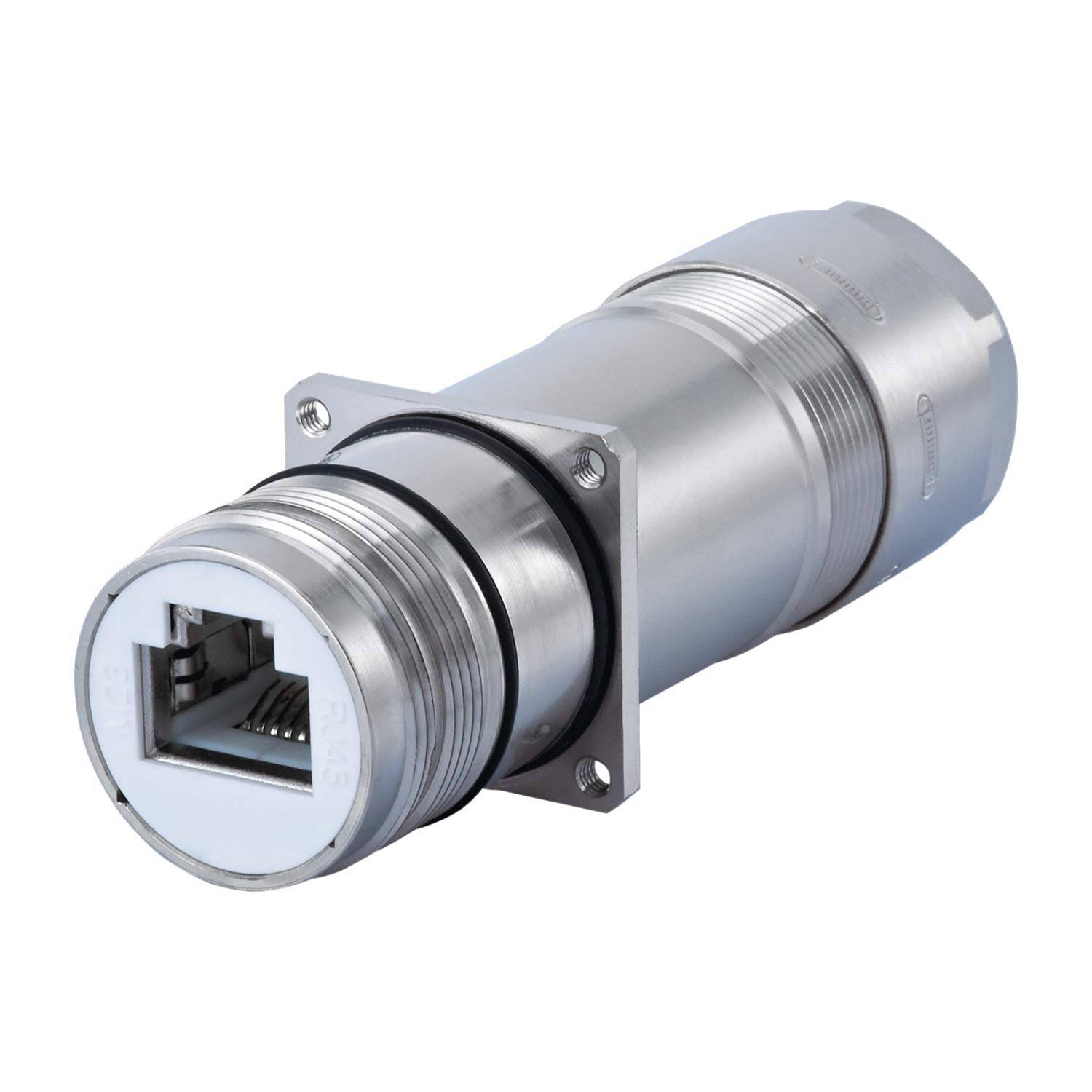 Ein metallischer Ethernet RJ45-Stecker mit einer zylindrischen Konstruktion, versehen mit einer geränderten Außenseite und einem montierten Flansch für eine sichere Befestigung.