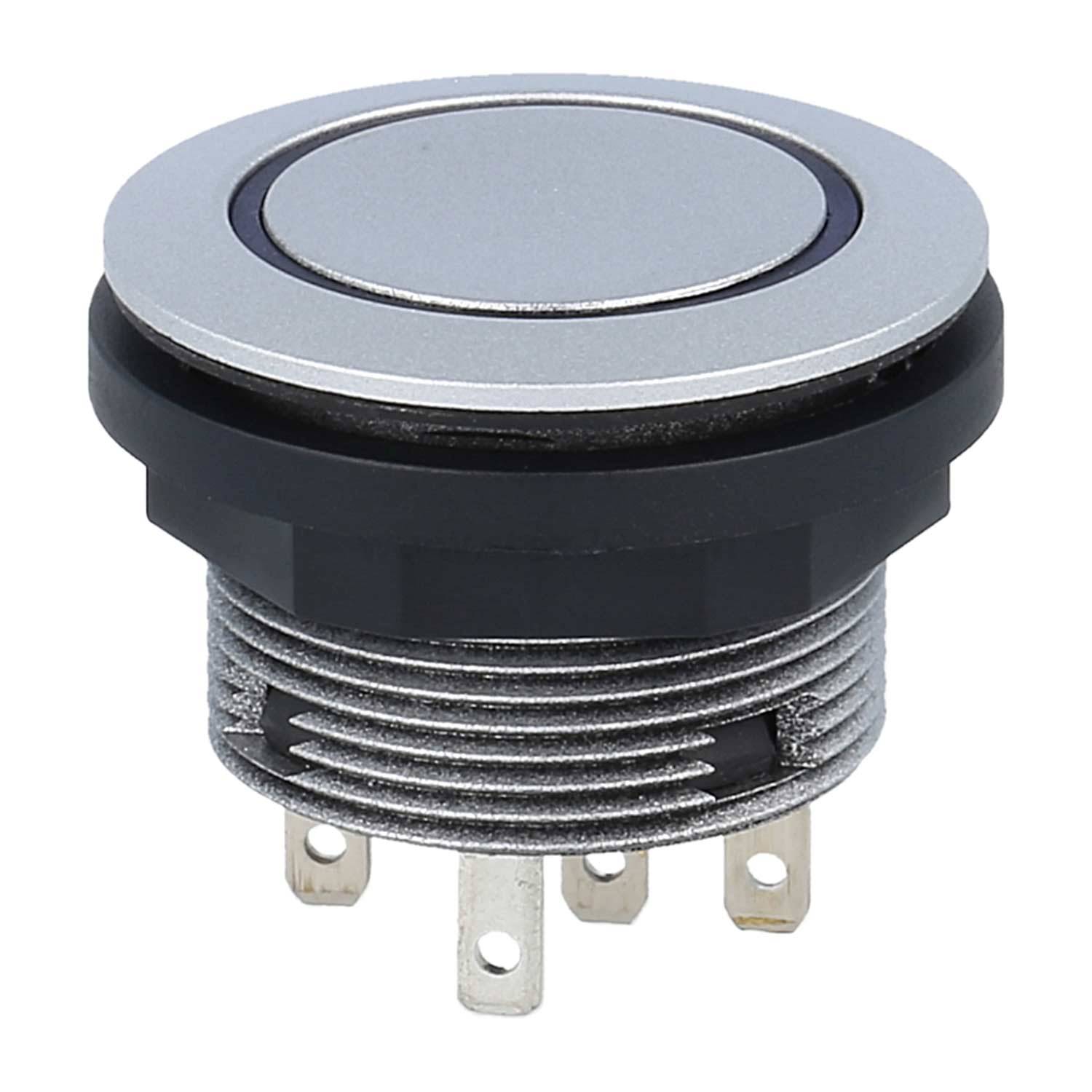 Ein abgerundeter Metalldrucktaster mit silberner Oberfläche, schwarzem Ring und vier Metallzacken. Geeignet für elektronische Schaltkreise.