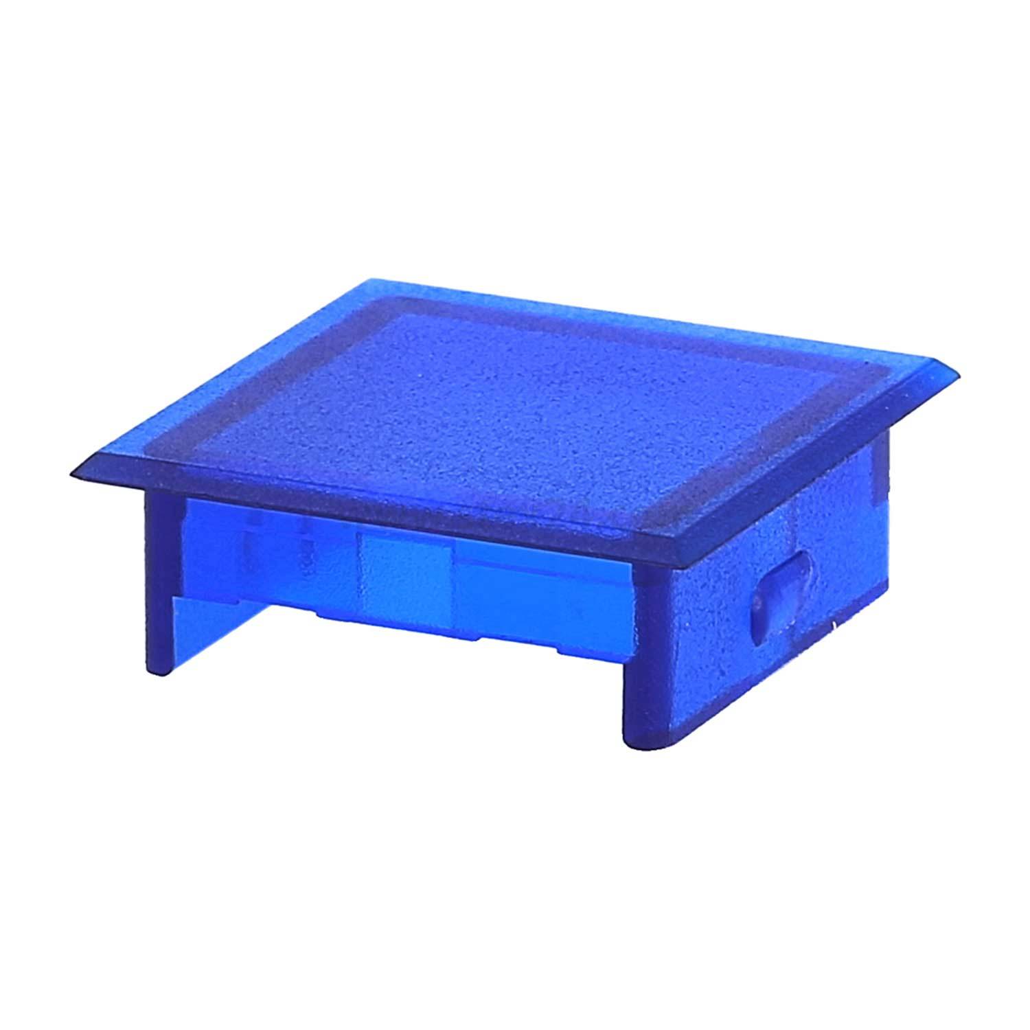 Eine kleine, blaue quadratische Druckknopfkappe, die für einen Schalter konzipiert ist und aus einem leicht schrägen Blickwinkel betrachtet wird.