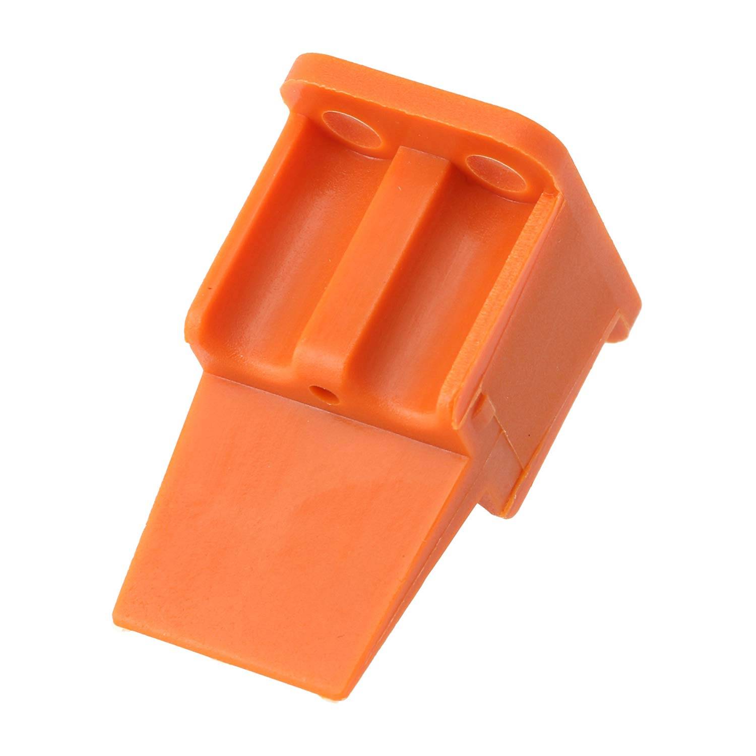 Ein orangefarbener Kunststoff-Dübel mit einer flachen, abgewinkelten Basis und zwei oberen Löchern zum Befestigen von Schrauben oder Bolzen bei Bau- oder Montagetätigkeiten.