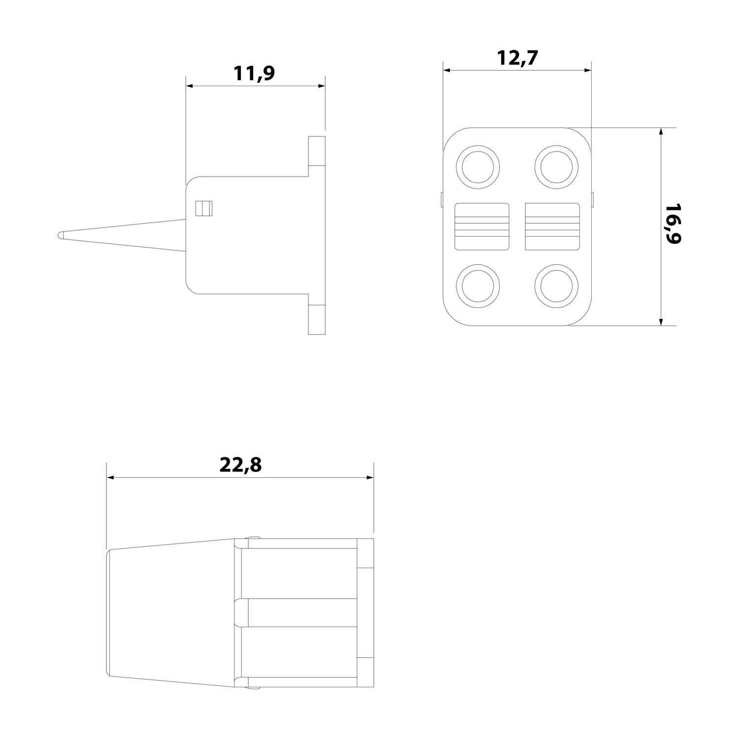 Technische Zeichnung eines Steckers mit drei Ansichten und Maßangaben: Seite 11,9 mm, Oberseite 12,7 mm, Höhe 16,9 mm, Länge 22,8 mm.