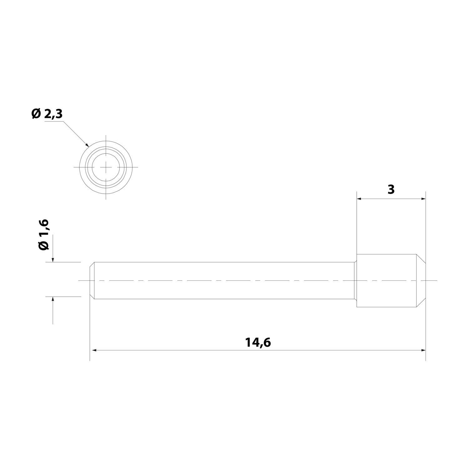 Technische Zeichnung eines Zylinderobjekts mit einem Durchmesser von 1,6 und einer Länge von 14,6. Beinhaltet Draufsicht mit einem Durchmesser von 2,3 und Ansicht von vorne und der Seite mit einer Länge von 3.
