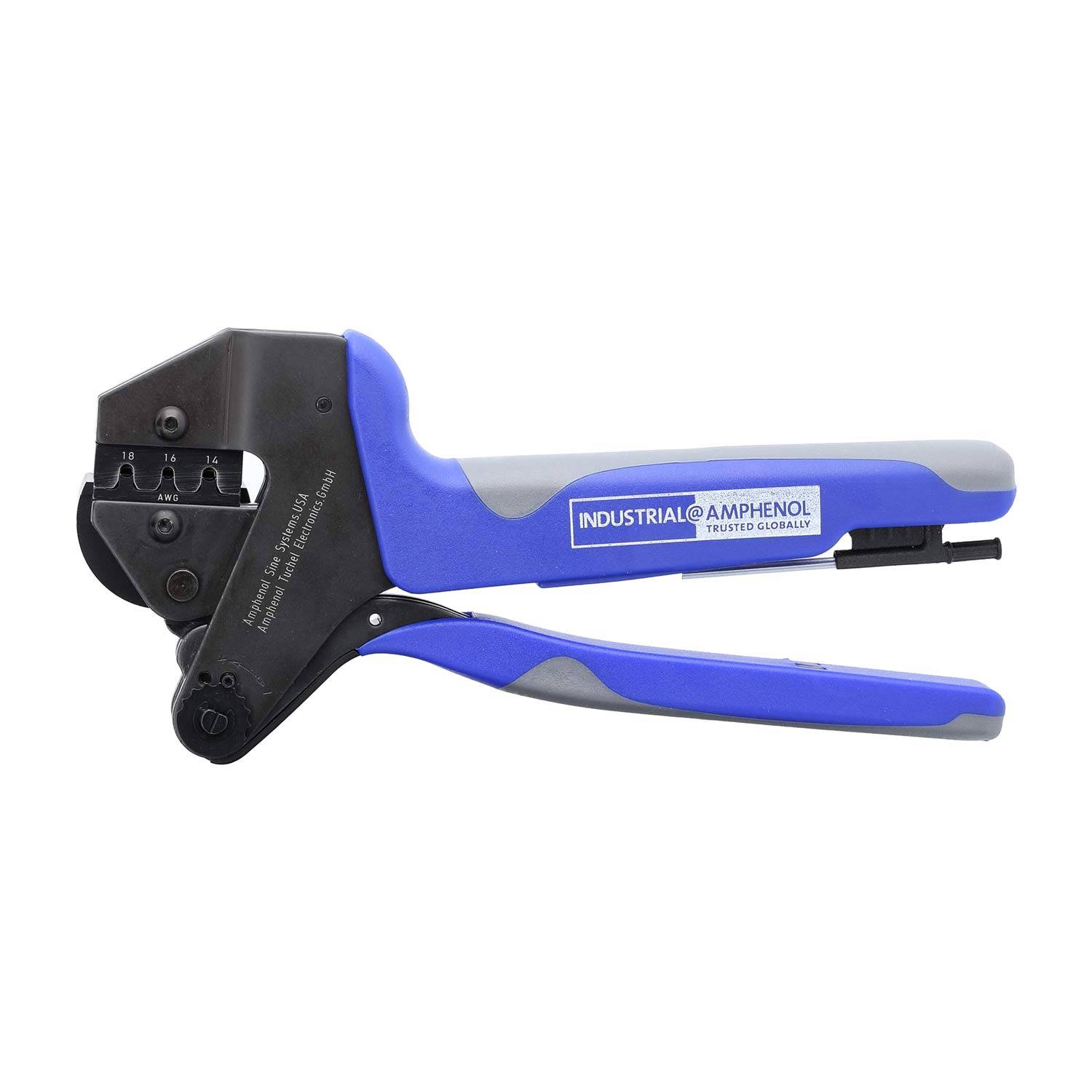 Blau und schwarz industrielle Crimpzange von Amphenol, die zum effektiven Befestigen von Drahtverbindern verwendet wird.