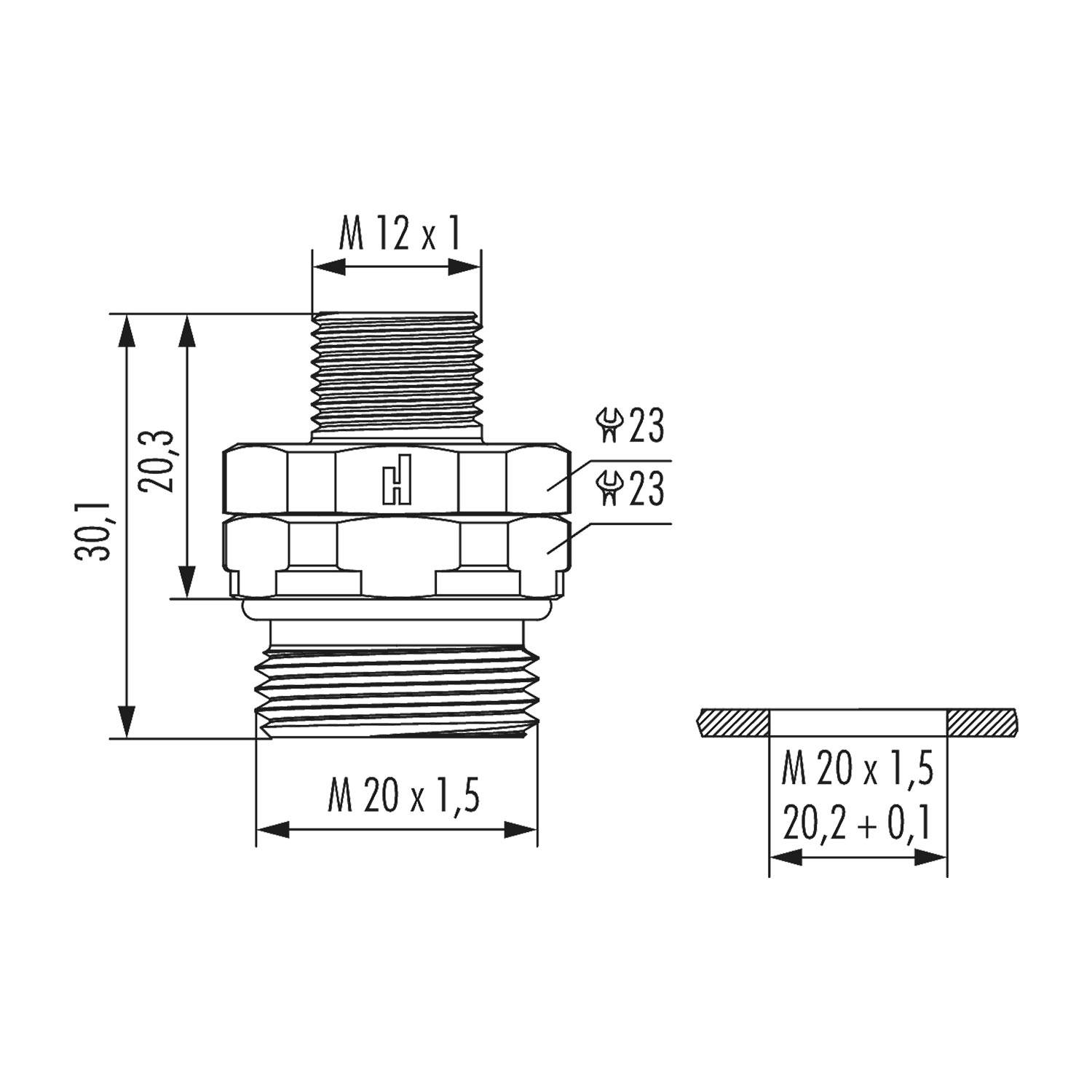 Technische Zeichnung eines Gewindeanschlusses mit Abmessungen: M12x1, Höhe 20,3 mm, M20x1,5, Gesamthöhe 30,1 mm, Schlüsselweite 23 mm.