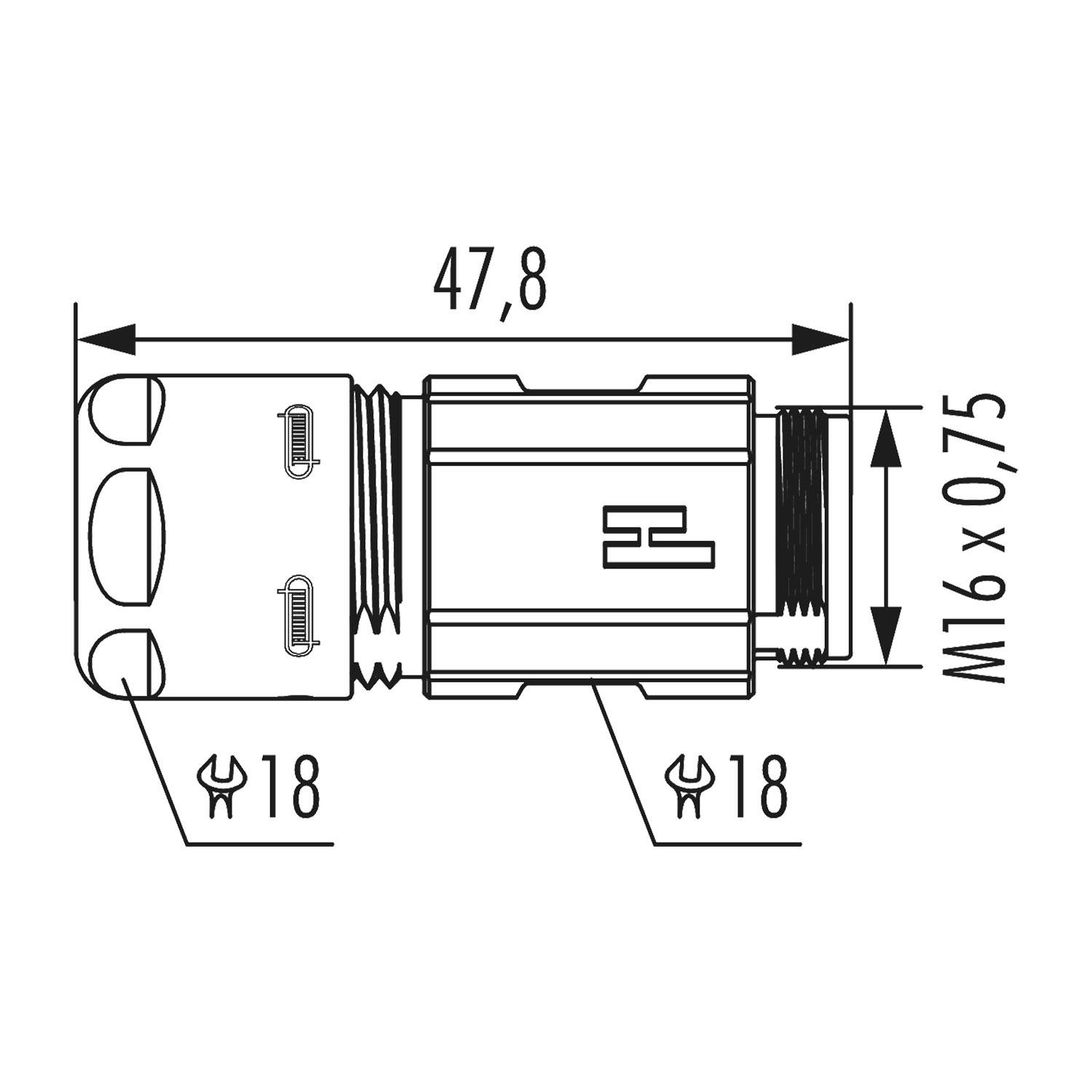 Technische Zeichnung eines zylindrischen Bauteils mit Abmessungen: Länge 47,8, Durchmesser M16x0,75. Enthält Schraubenschlüsselgrößen (18) und Logos.