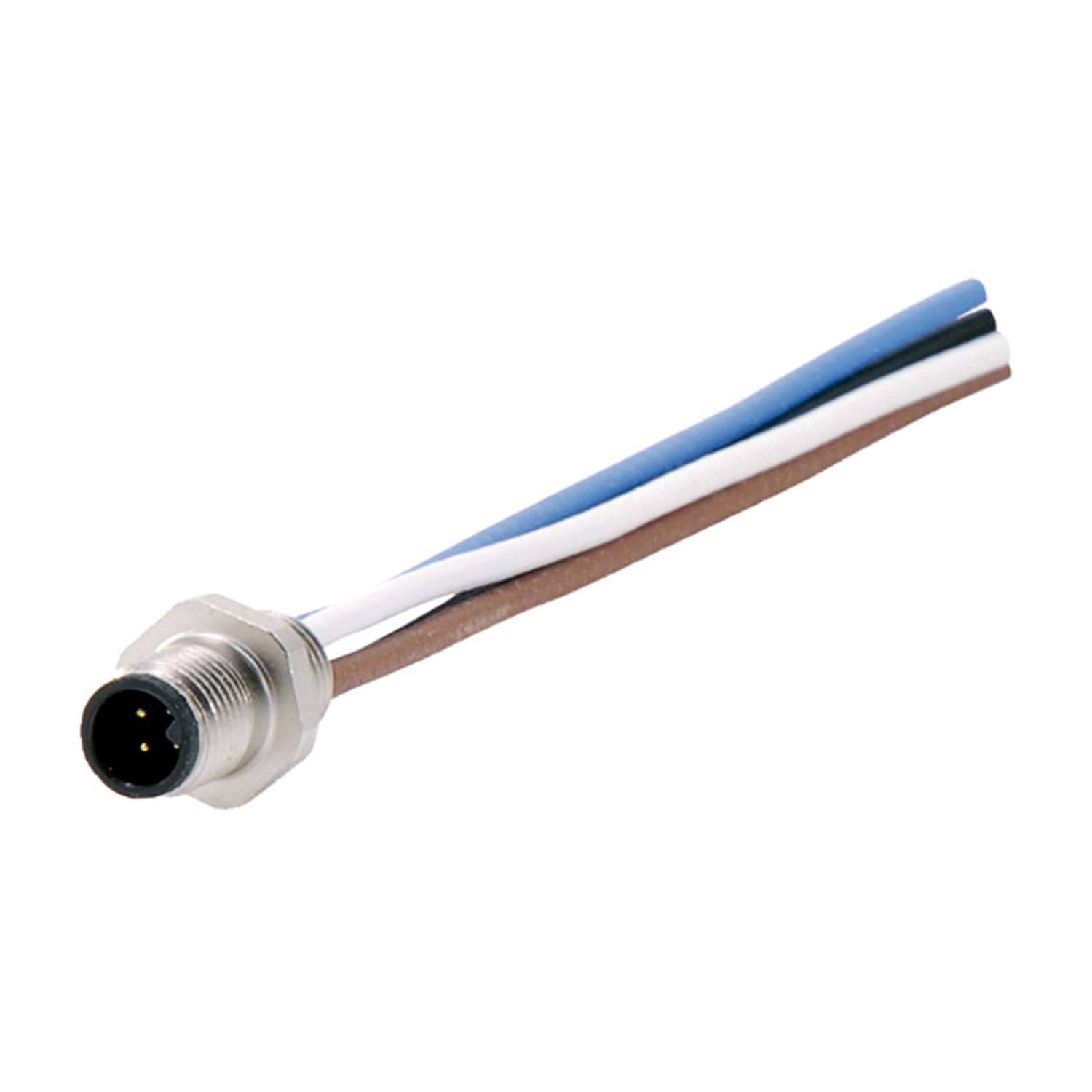 Ein metallischer Verbindungsstecker mit blau und braun gefärbten Leitungen, die von seiner Rückseite abstehen, geeignet für industrielle oder elektronische Anwendungen.