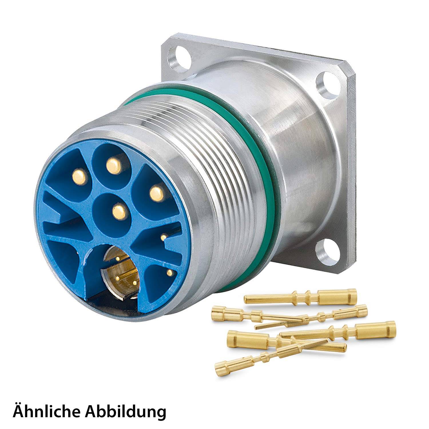 Ein runder Mehrpolsteckverbinder mit blauer Oberfläche und Metallgehäuse. Enthält mehrere goldene Stifte. Beschriftet mit 'Ähnliche Abbildung'.