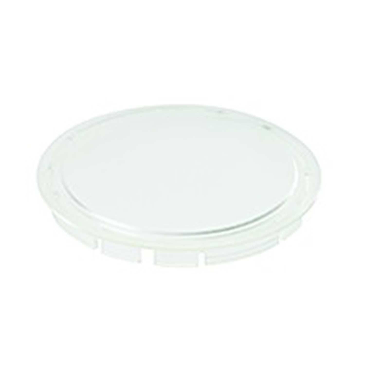 Ein transparenter Plastikdeckel, kreisrund und flach, geeignet zum Verschließen von Behältern.