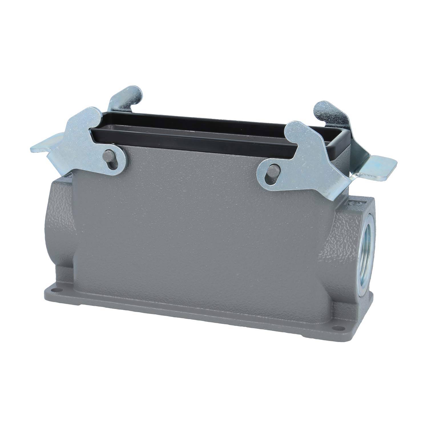 Eine graue Industrie-Steckverbinder-Abdeckung aus Metall mit zwei metallischen Verriegelungshebeln an den Seiten, entwickelt für sichere elektrische Verbindungen.