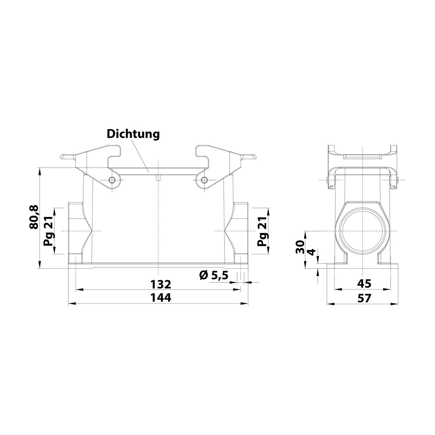 04300240270 HARTING Han 24B Sockelgehäuse hoch, 2xPG21 seitlicher Kabelabgang, mit 2 Querbügeln Verschraubung PG21