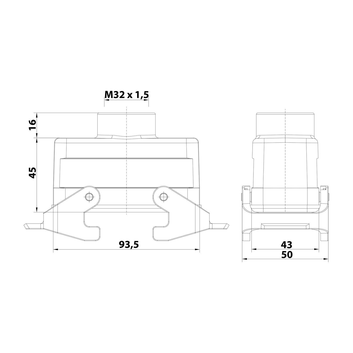 Technische Zeichnung eines Geräts mit Maßangaben: Breite 93,5 mm oder 43 mm, Höhe 16 mm oder 45 mm und Gewinde M32 x 1,5.