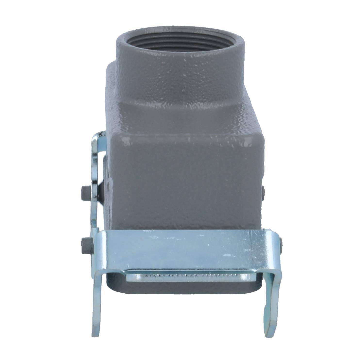 Grauer industrieller flüssigkeitsdichter Leitungsverbinder mit Öffnung oben und metallischem Klemmring, verwendet für elektrische Anwendungen.