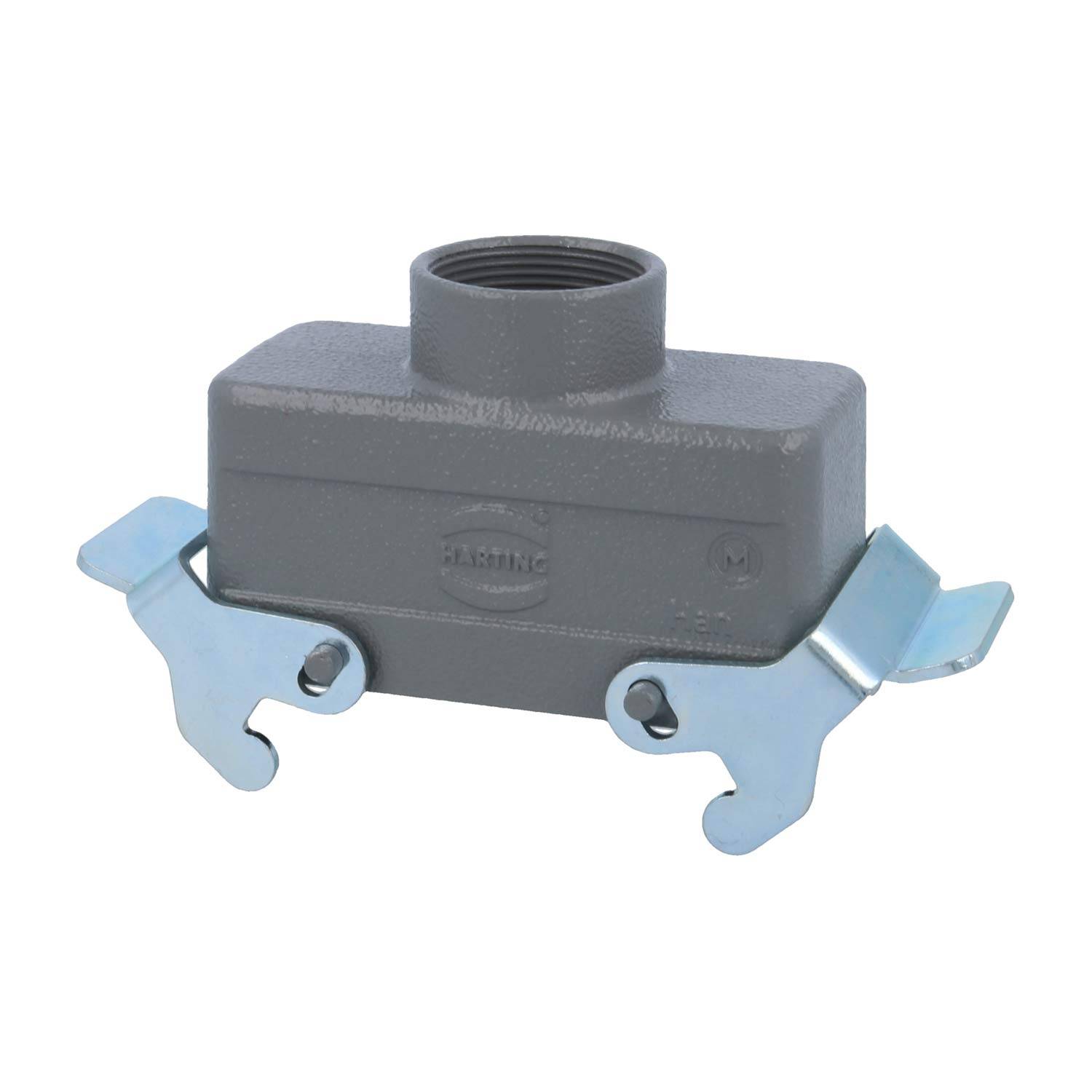 Ein Metall-Elektroleitungsverbinder mit einer Gewindeanschluss an der Oberseite, entwickelt für sichere Kabelverbindungen, dargestellt mit Befestigungsbügeln.